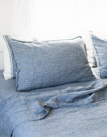 Yarn dyed indigo linen sheet set by Salt Living