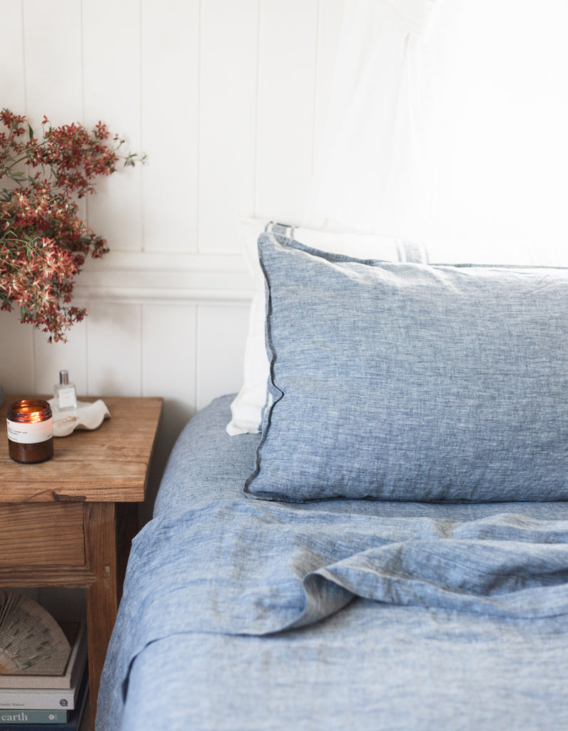 Yarn dyed indigo linen sheet set by Salt Living