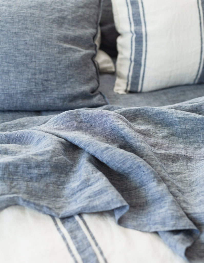 Yarn dyed indigo linen sheet set by Salt Living