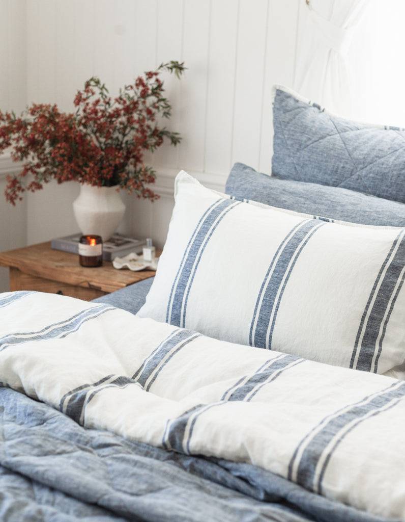 Indigo ticking stripe linen pillowcases by Salt Living