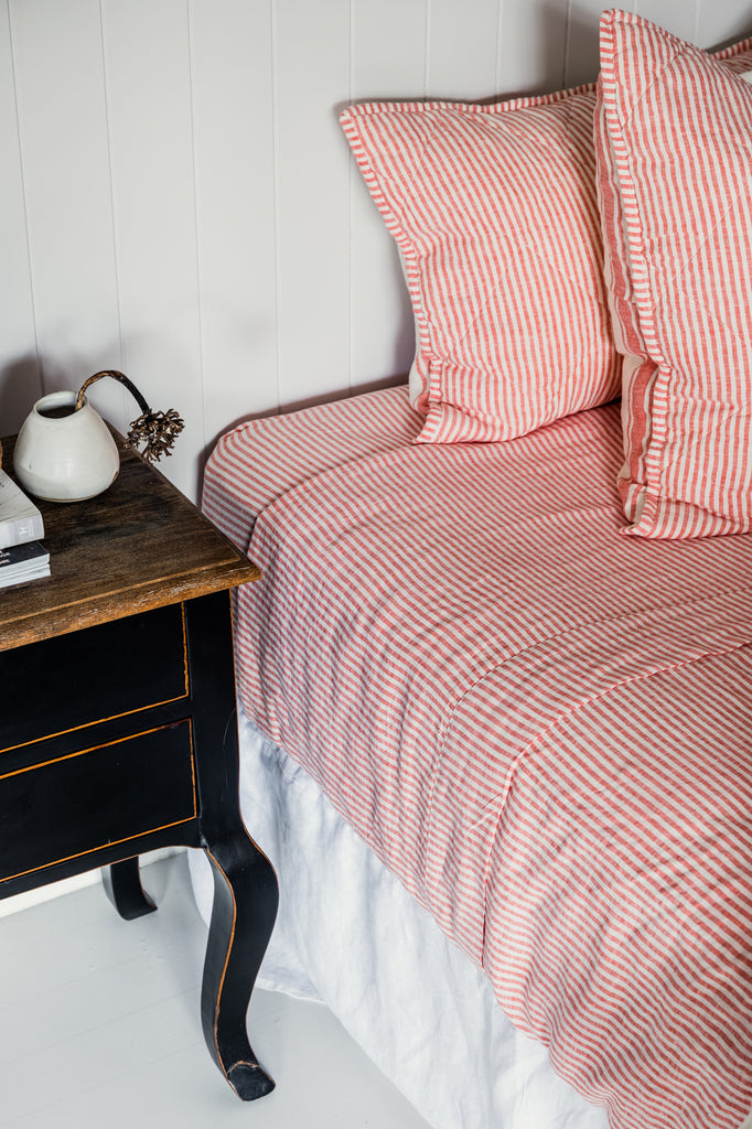 Sheet Set in Red Coral Thin Stripe – Linen Bedding - Single to Super King