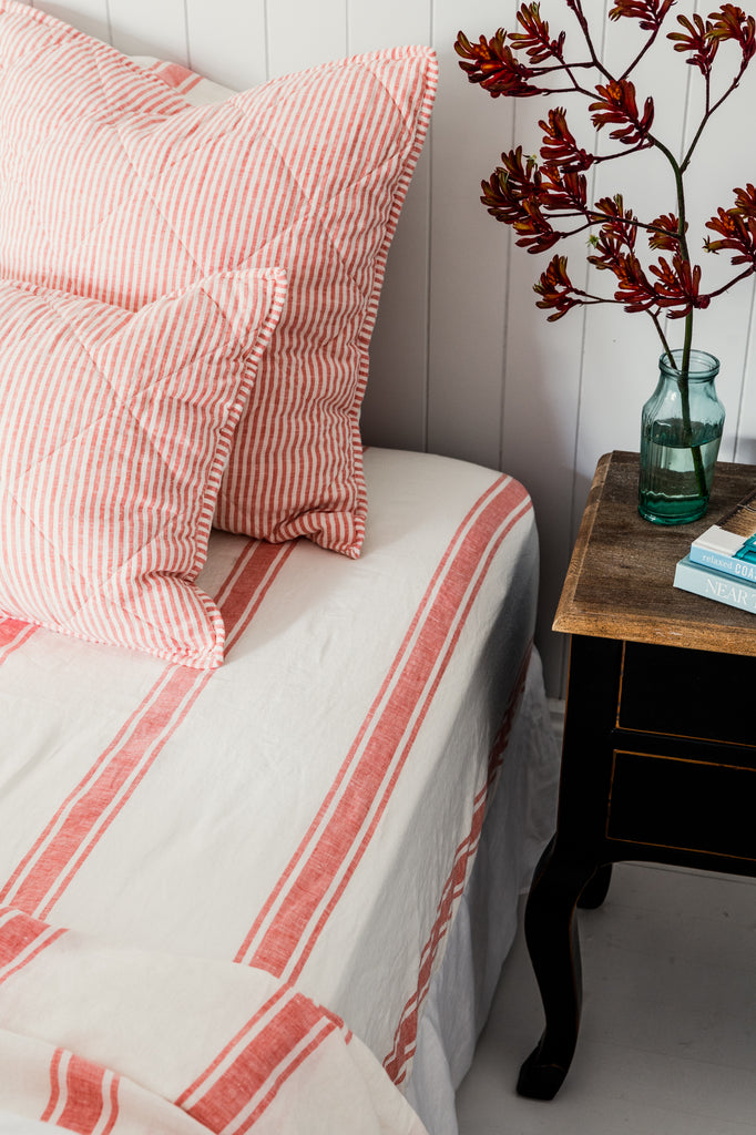 Sheet Set in Red Coral Ticking Stripe – Linen Bedding